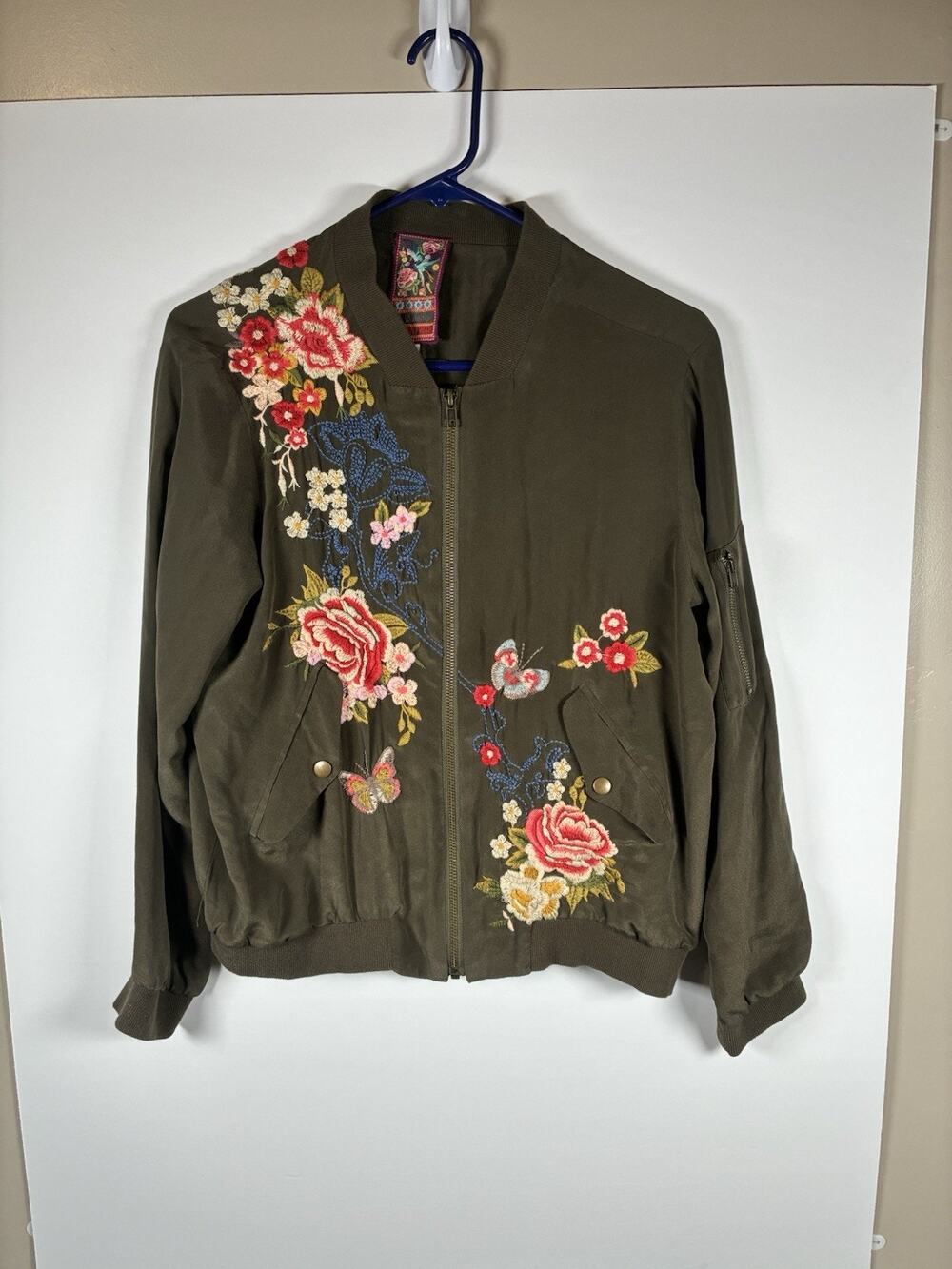Johnny Was 3J Workshop S Green 100% Silk Floral Embroidered Bomber Jacket Boho
